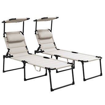 Set of 2 Cushioned Chaise Lounges with Sunshade and Folding Frame for Patio and Beach