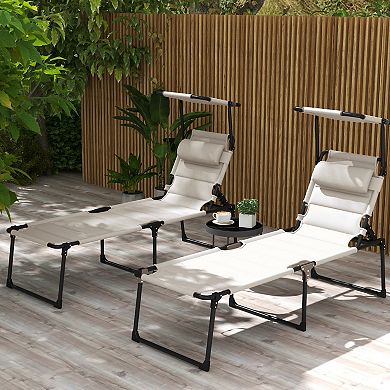 Set of 2 Cushioned Chaise Lounges with Sunshade and Folding Frame for Patio and Beach