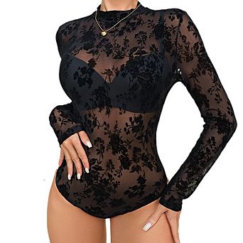 Women's Lace Long Sleeve Floral Mesh Sheer Shirt See Through Bodysuit