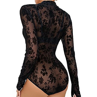 Women's Lace Long Sleeve Floral Mesh Sheer Shirt See Through Bodysuit