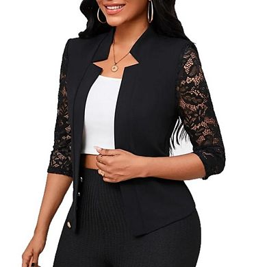 Women's Floral Lace Blazer 3/4 Sleeve Open Front Work Office Notch Lapel Blazer Jacket