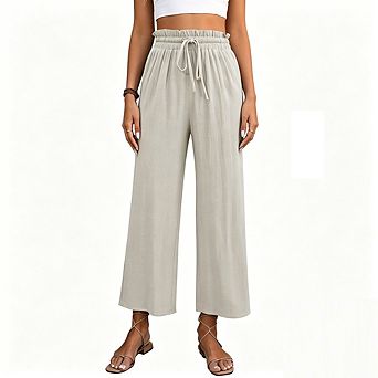 Womens Palazzo Pants Drawstring Elastic Waist Casual Wide Leg Trousers with Pockets