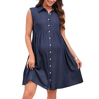 Women's Maternity Sleeveless Denim Look Dress Button Front Collared Casual Dress