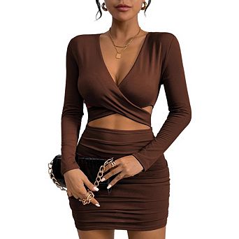 Womens Long Sleeve Short Dress Basic Slim Fit v Neck Party Cocktail Night Bodycon Dresses