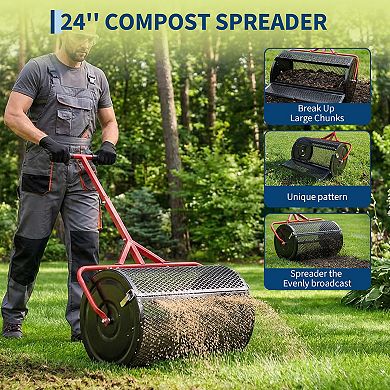 24Inch Compost Seeder Roller - Adjustable T-Handle, Side Latches, Spreads Topsoil, Seed, Fertilizer