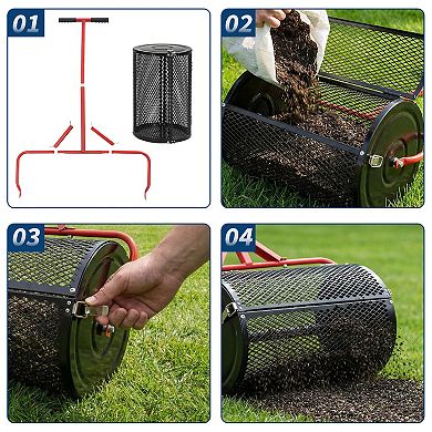 24Inch Compost Seeder Roller - Adjustable T-Handle, Side Latches, Spreads Topsoil, Seed, Fertilizer