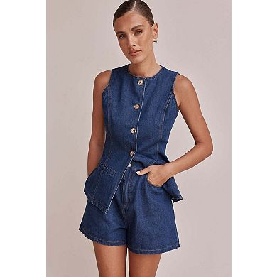 Women's Sleeveless Denim Vest Fitted Waist Button Front Top
