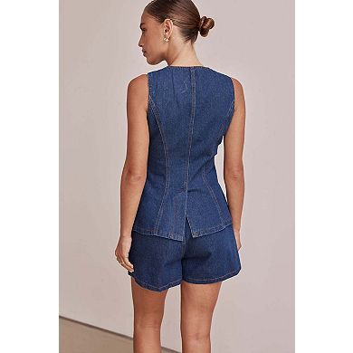 Women's Sleeveless Denim Vest Fitted Waist Button Front Top