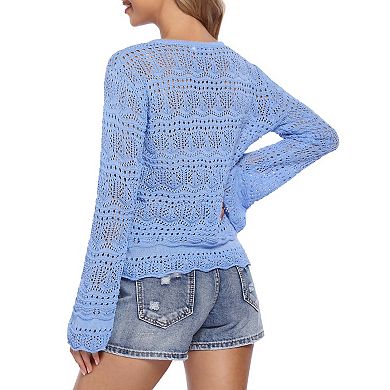Women's Hollow Out V Neck Long Sleeve Knit Top Bell Sleeve Blouse