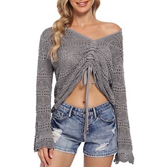Women's Hollow Out V Neck Long Sleeve Knit Top Bell Sleeve Blouse