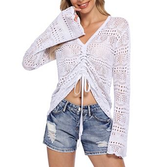 Women's Hollow Out V Neck Long Sleeve Knit Top Bell Sleeve Blouse