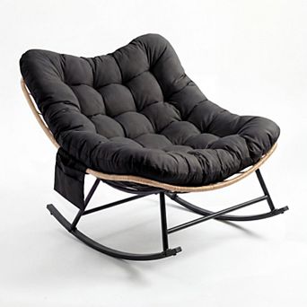 Patio Rocking Chair with Rattan Frame Outdoor Lounge Chair with Cushion