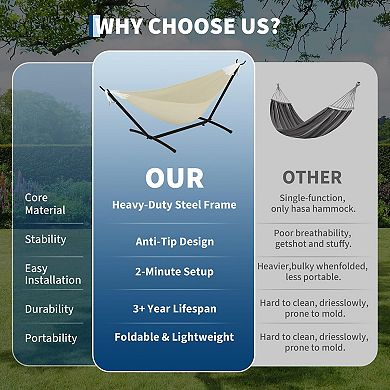 Portable Double Hammock with Heavy Duty Steel Stand & Carrying Bag
