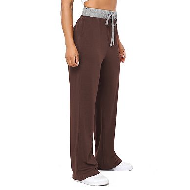 Women's Drawstring Wide Leg Pants Contrast Waist Casual Pocket Pants