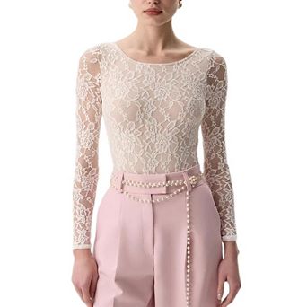 Women's Long Sleeve Lace Sheer Top, Crew Neck Fitted Floral Lace Blouse for Layering