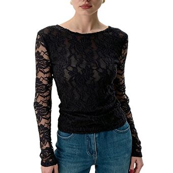Women's Long Sleeve Lace Sheer Top, Crew Neck Fitted Floral Lace Blouse for Layering