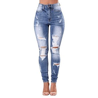 Women's High Waisted Distressed Skinny Jeans, Ripped Light Wash Stretchy Denim Pants