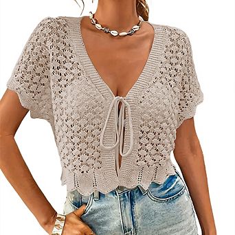 Women's Tie Front Crochet Knit Top Short Sleeve Deep V Neck Lightweight Hollow Out Casual Tops