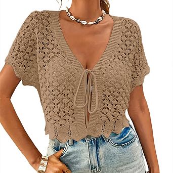 Women's Tie Front Crochet Knit Top Short Sleeve Deep V Neck Lightweight Hollow Out Casual Tops