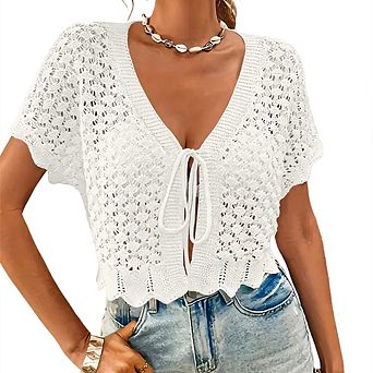 Women's Tie Front Crochet Knit Top Short Sleeve Deep V Neck Lightweight Hollow Out Casual Tops