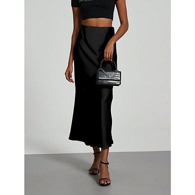 Women Solid High Waist Satin Midi Skirt Elegant Bodycon Fishtail Work Office Skirt