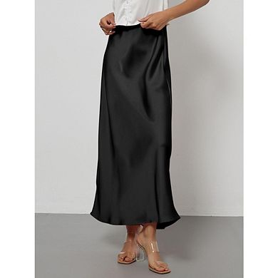 Women Solid High Waist Satin Midi Skirt Elegant Bodycon Fishtail Work Office Skirt