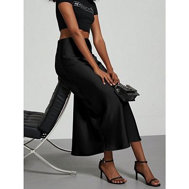 Women Solid High Waist Satin Midi Skirt Elegant Bodycon Fishtail Work Office Skirt