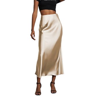 Women Solid High Waist Satin Midi Skirt Elegant Bodycon Fishtail Work Office Skirt
