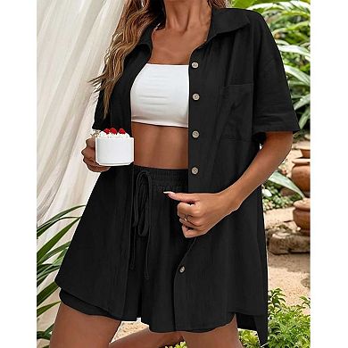 Women's 2 Piece Outfit, Short Sleeve Button Down Shirt and Drawstring Shorts Set