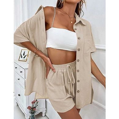Women's 2 Piece Outfit, Short Sleeve Button Down Shirt and Drawstring Shorts Set
