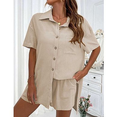 Women's 2 Piece Outfit, Short Sleeve Button Down Shirt and Drawstring Shorts Set