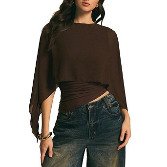 Women's Asymmetrical Cape Shirts Round Neck Layered Blouse Chiffon Sheer Skinny Going Out Tops