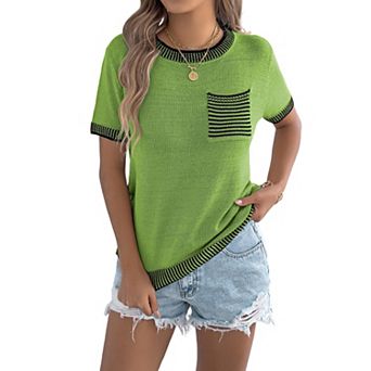 Women's Color Block Knit T-Shirt, Short Sleeve Crew Neck Casual Top with Pocket