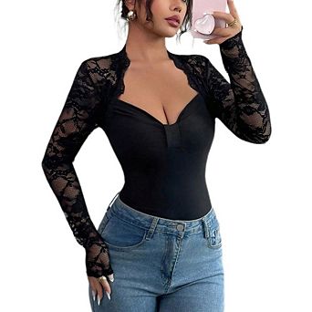 Women's Lace Long Sleeve Mock Neck Top, Sheer Floral Lace Sleeve Fitted Blouse