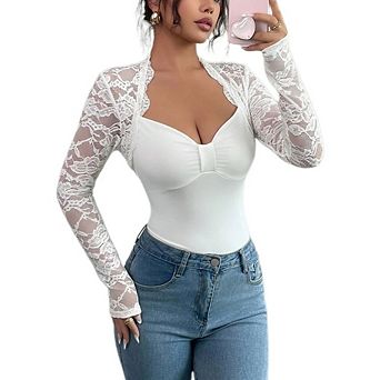 Women's Lace Long Sleeve Mock Neck Top, Sheer Floral Lace Sleeve Fitted Blouse