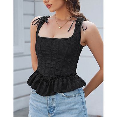 Lady Square Neck Ruffle Corset Top,Tie Shoulder Sleeveless Jacquard Bustier, Lace Up Back Peplum Top