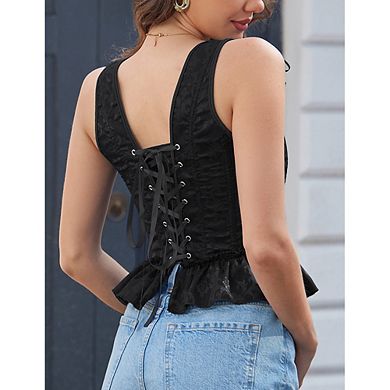 Lady Square Neck Ruffle Corset Top,Tie Shoulder Sleeveless Jacquard Bustier, Lace Up Back Peplum Top