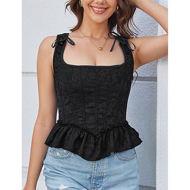 Lady Square Neck Ruffle Corset Top,Tie Shoulder Sleeveless Jacquard Bustier, Lace Up Back Peplum Top