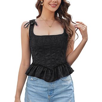 Lady Square Neck Ruffle Corset Top,Tie Shoulder Sleeveless Jacquard Bustier, Lace Up Back Peplum Top