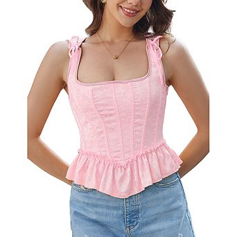 Lady Square Neck Ruffle Corset Top,Tie Shoulder Sleeveless Jacquard Bustier, Lace Up Back Peplum Top