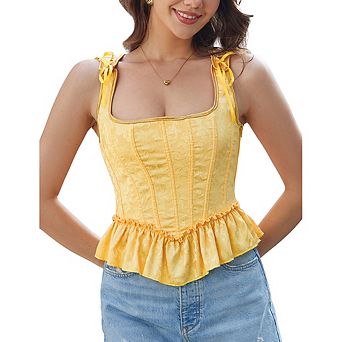 Lady Square Neck Ruffle Corset Top,Tie Shoulder Sleeveless Jacquard Bustier, Lace Up Back Peplum Top