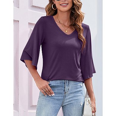 V-Neck Bell Sleeve Tunic Top, Side Slit Casual Blouse for Women