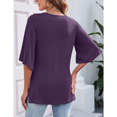 V-Neck Bell Sleeve Tunic Top, Side Slit Casual Blouse for Women