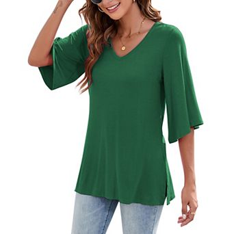 V-Neck Bell Sleeve Tunic Top, Side Slit Casual Blouse for Women