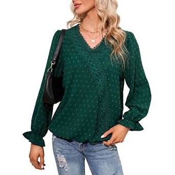 Womens Long Sleeve V Neck Lace Trim Blouse Casual Swiss Dot Loose Fit Top
