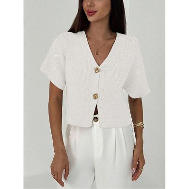 Short Sleeve Sweater for Women Cardigan Button Down V Neck Crop Tops
