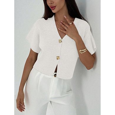 Short Sleeve Sweater for Women Cardigan Button Down V Neck Crop Tops
