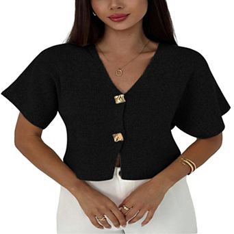 Short Sleeve Sweater for Women Cardigan Button Down V Neck Crop Tops