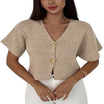 Short Sleeve Sweater for Women Cardigan Button Down V Neck Crop Tops