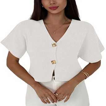 Short Sleeve Sweater for Women Cardigan Button Down V Neck Crop Tops